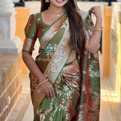 Gratifying Mehndi Soft Banarasi Silk Saree With Scrupulous Blouse Piece