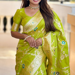 Chatoyant Parrot Soft Banarasi Silk Saree With Fragrant Blouse Piece