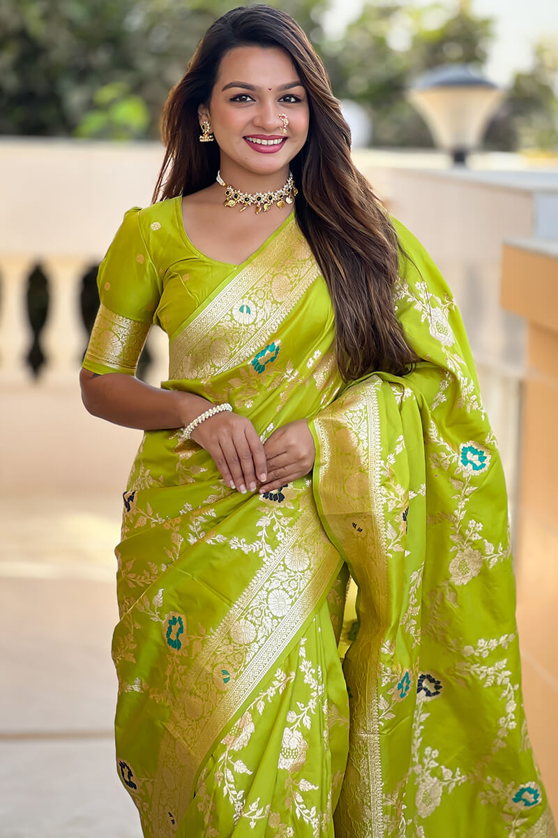 Chatoyant Parrot Soft Banarasi Silk Saree With Fragrant Blouse Piece