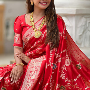 Incredible Red Soft Banarasi Silk Saree With Alluring Blouse Piece
