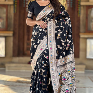 Surreptitious Black Soft Banarasi Silk Saree With Nemesis Blouse Piece