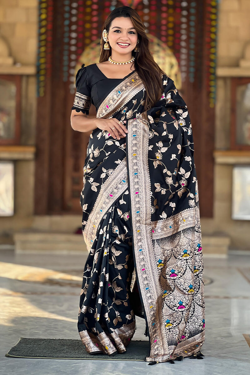 Surreptitious Black Soft Banarasi Silk Saree With Nemesis Blouse Piece