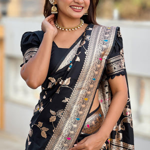 Surreptitious Black Soft Banarasi Silk Saree With Nemesis Blouse Piece
