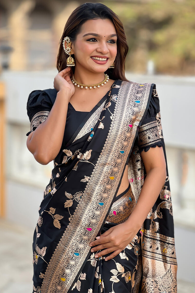 Surreptitious Black Soft Banarasi Silk Saree With Nemesis Blouse Piece