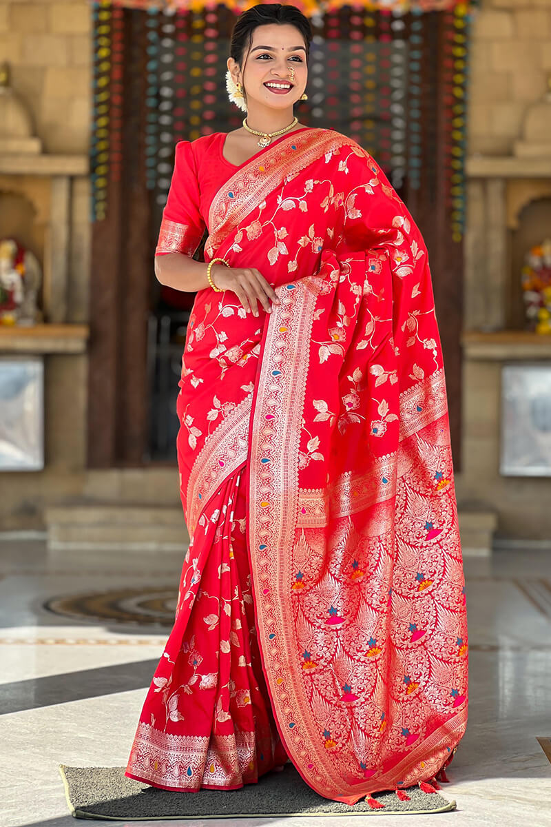 Ornate Red Soft Banarasi Silk Saree With Ephemeral Blouse Piece