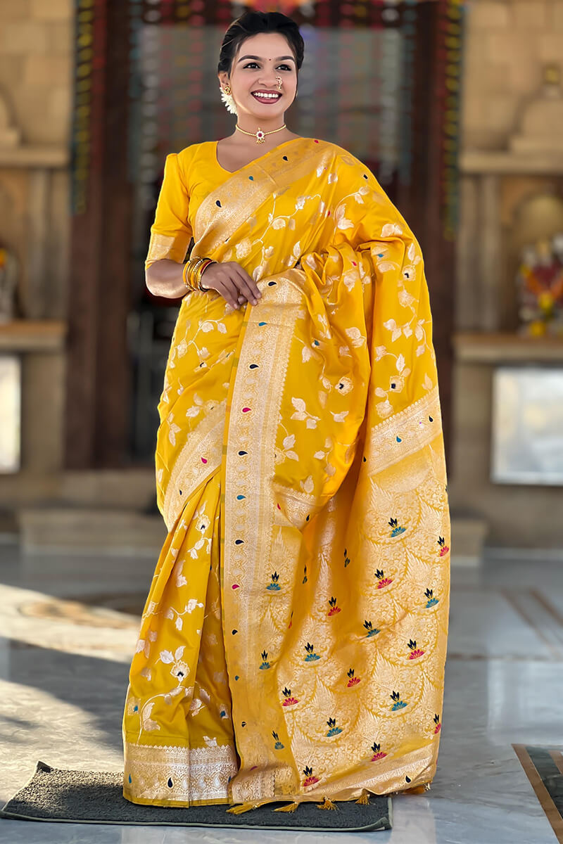 Opulent Yellow Soft Banarasi Silk Saree With Diaphanous Blouse Piece