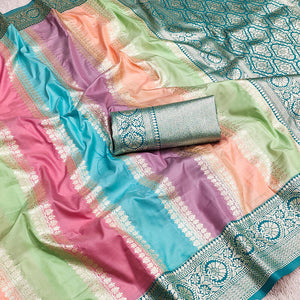 Inimitable Multicolor Soft Banarasi Silk Saree With Hypnotic Blouse Piece