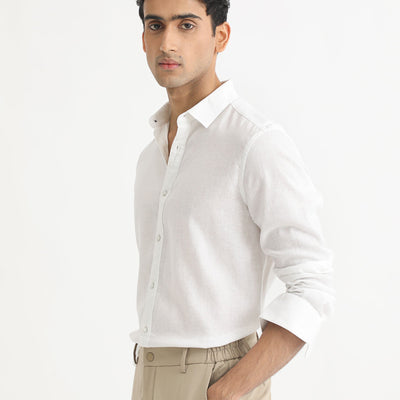 Rare Rabbit Men's Naples White Viscose Linen Fabric Full Sleeves Solid Shirt