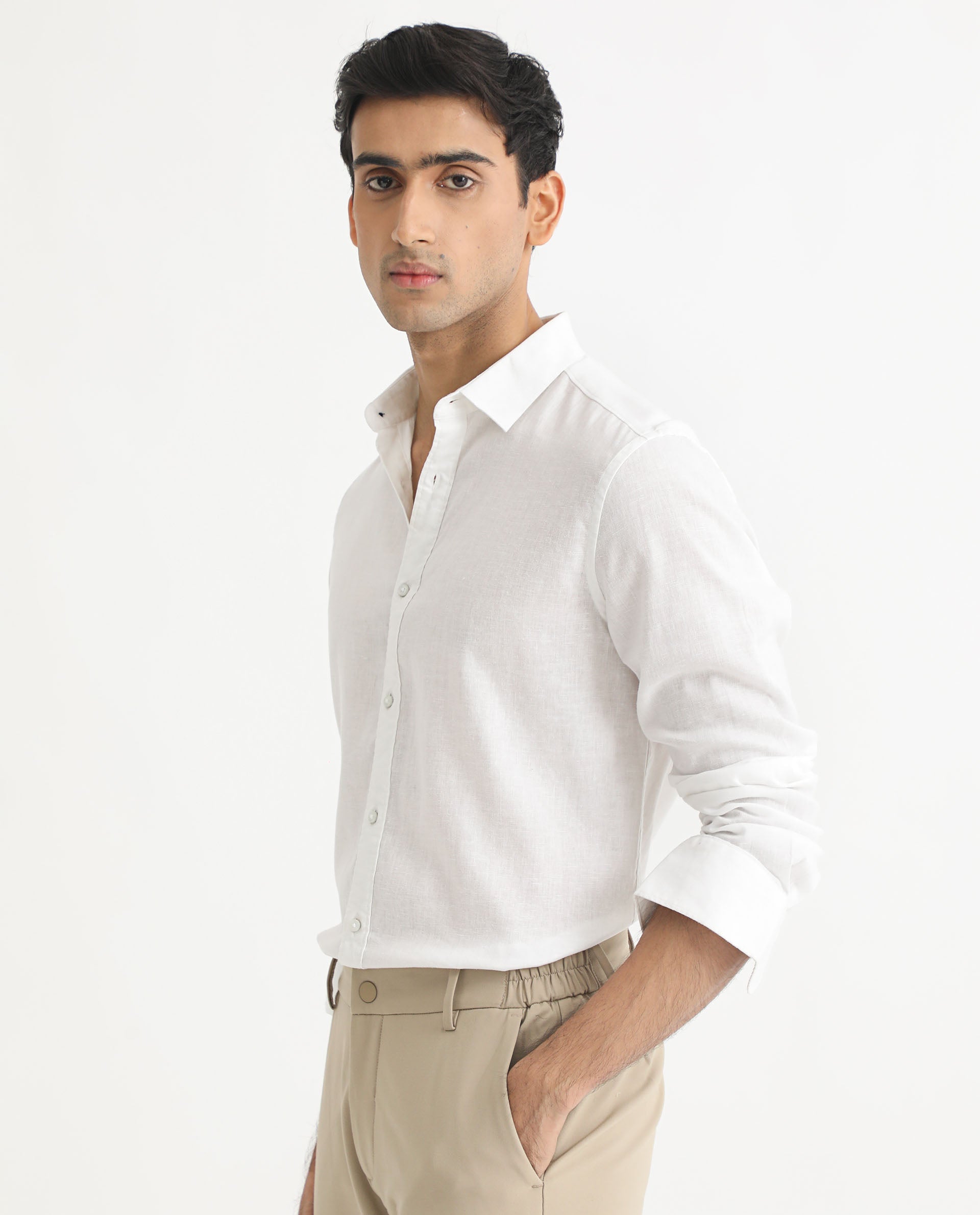 Rare Rabbit Men's Naples White Viscose Linen Fabric Full Sleeves Solid Shirt