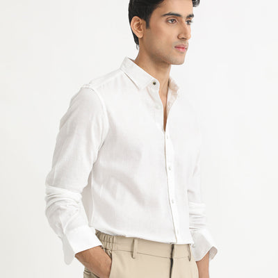Rare Rabbit Men's Naples White Viscose Linen Fabric Full Sleeves Solid Shirt