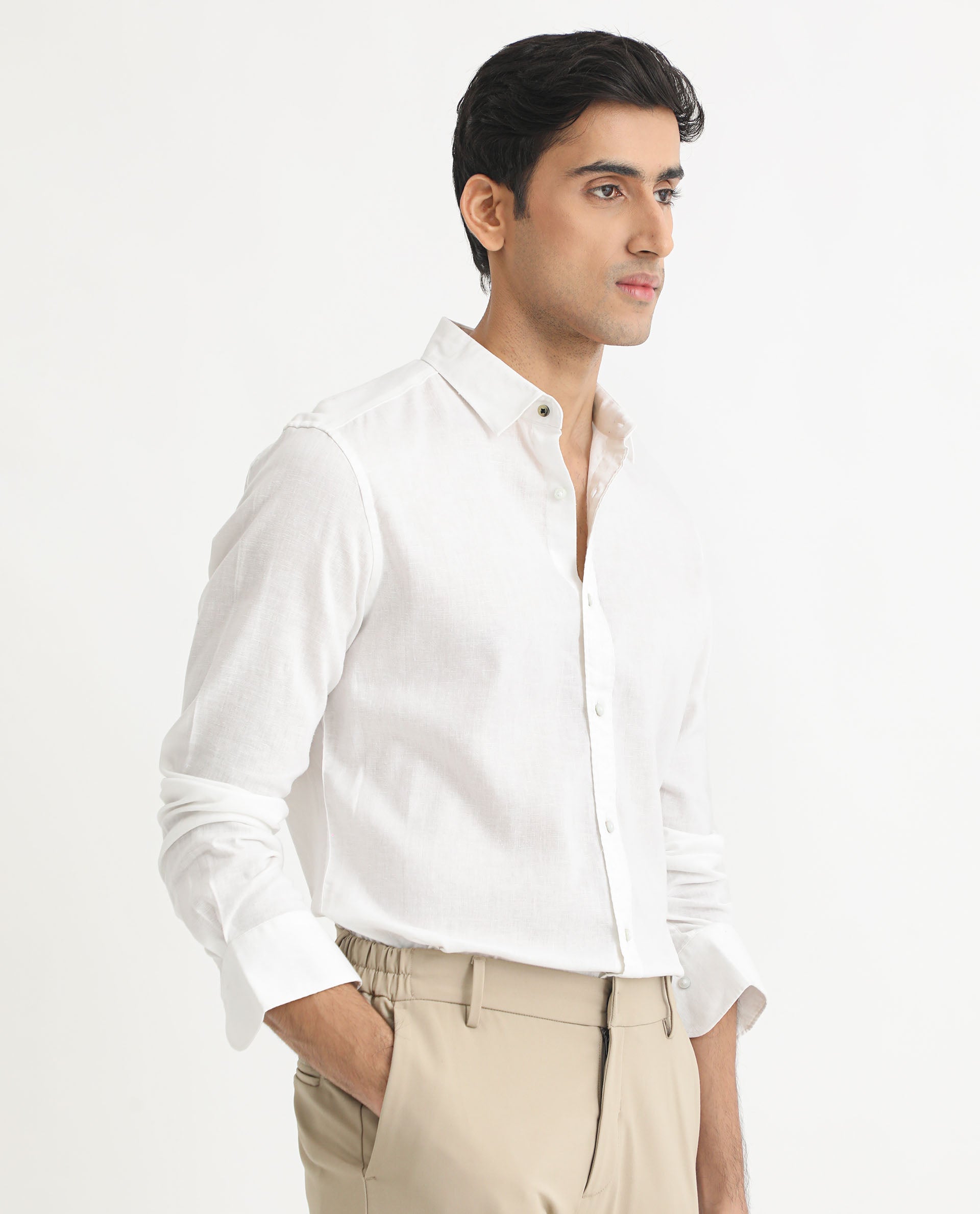 Rare Rabbit Men's Naples White Viscose Linen Fabric Full Sleeves Solid Shirt