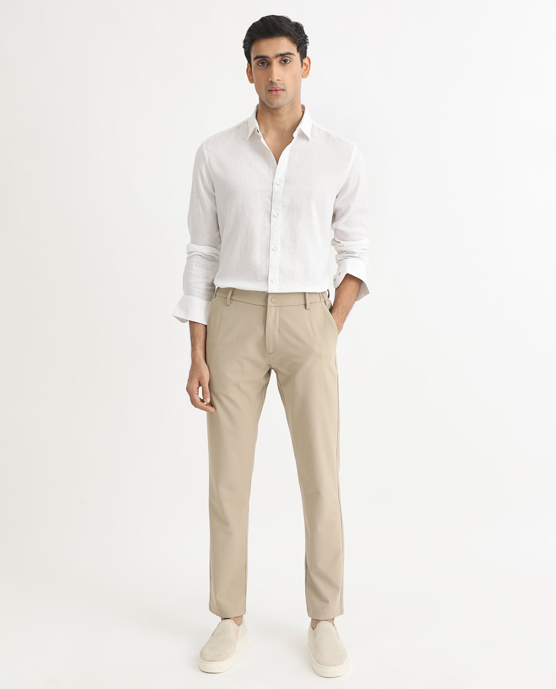 Rare Rabbit Men's Naples White Viscose Linen Fabric Full Sleeves Solid Shirt