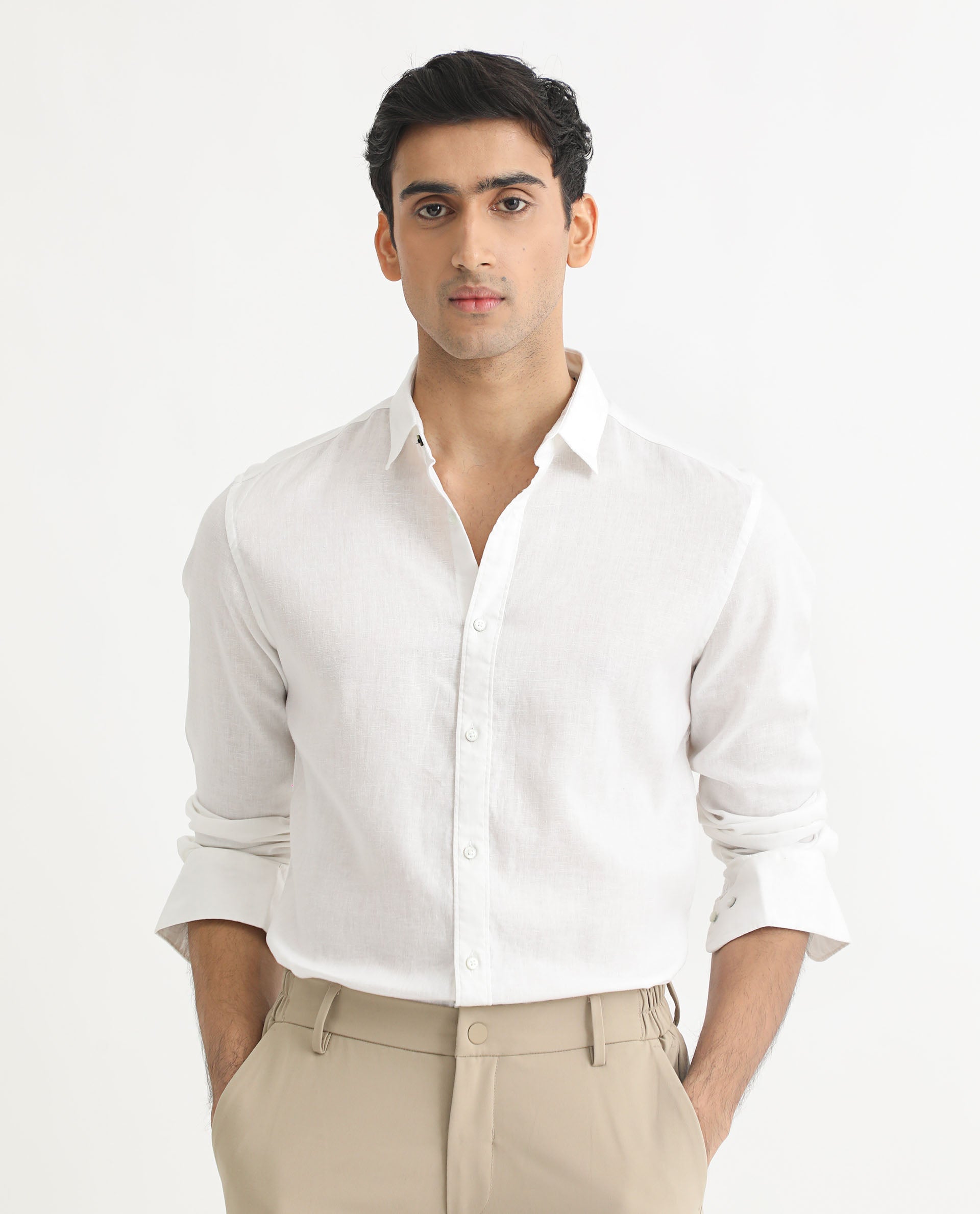 Rare Rabbit Men's Naples White Viscose Linen Fabric Full Sleeves Solid Shirt