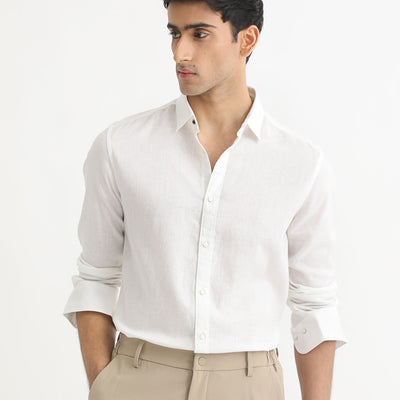 Rare Rabbit Men's Naples White Viscose Linen Fabric Full Sleeves Solid Shirt