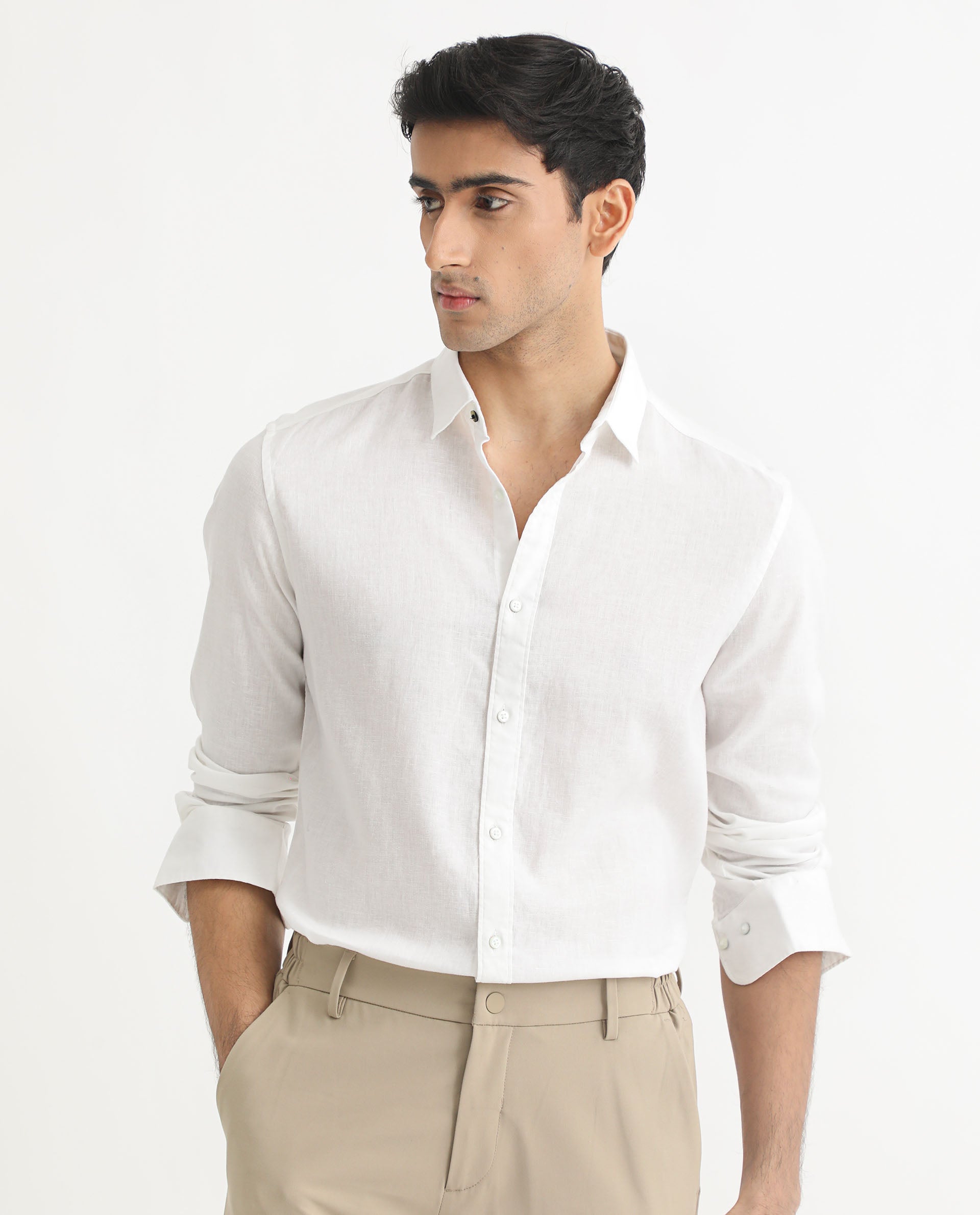Rare Rabbit Men's Naples White Viscose Linen Fabric Full Sleeves Solid Shirt