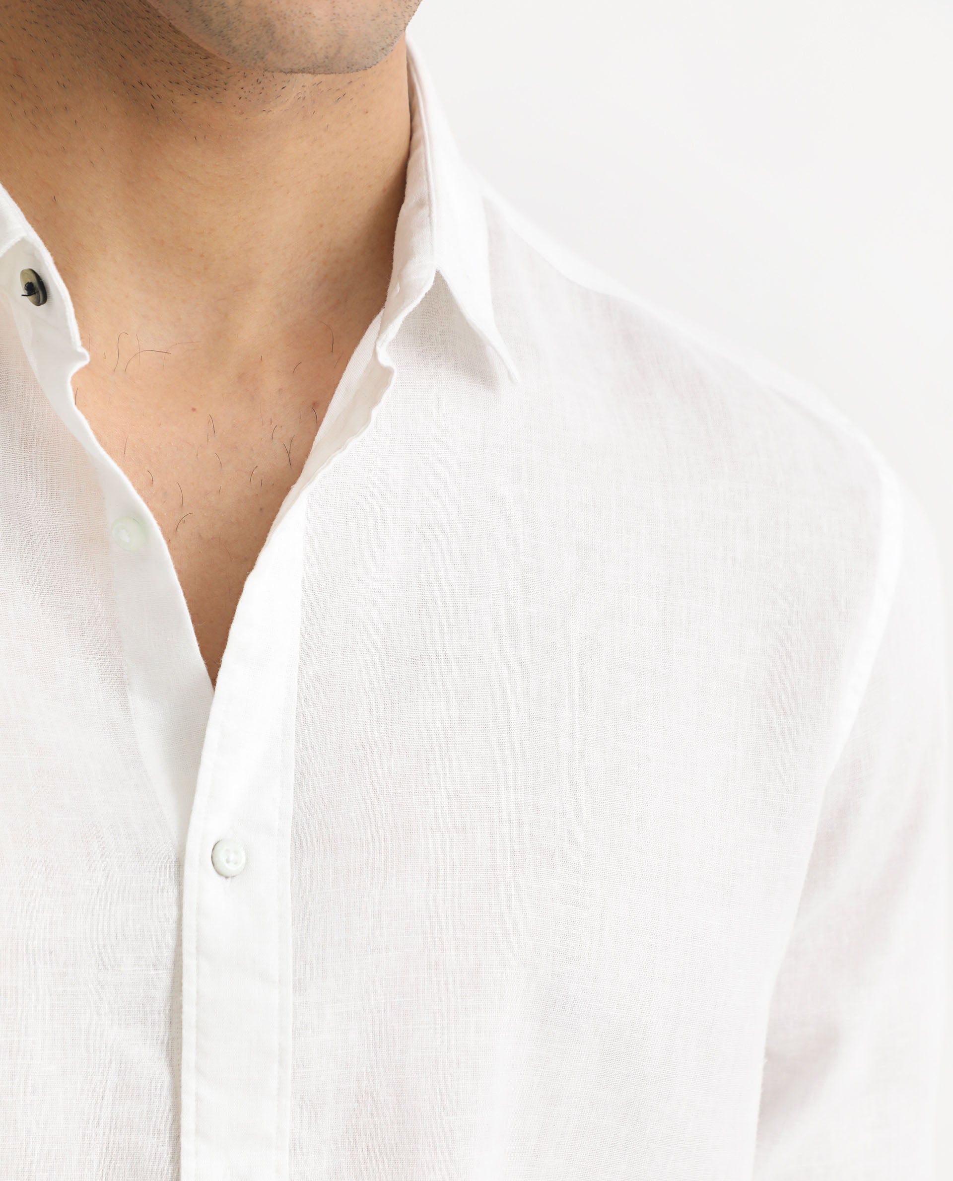 Rare Rabbit Men's Naples White Viscose Linen Fabric Full Sleeves Solid Shirt