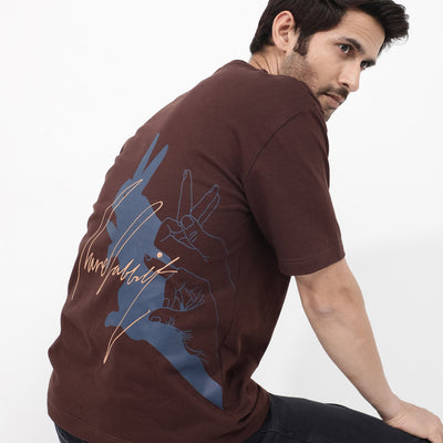 Rare Rabbit Articale Mens Nash Brown Cotton Polyester Fabric Short Sleeve Crew Neck Boxy Fit Printed T-Shirt