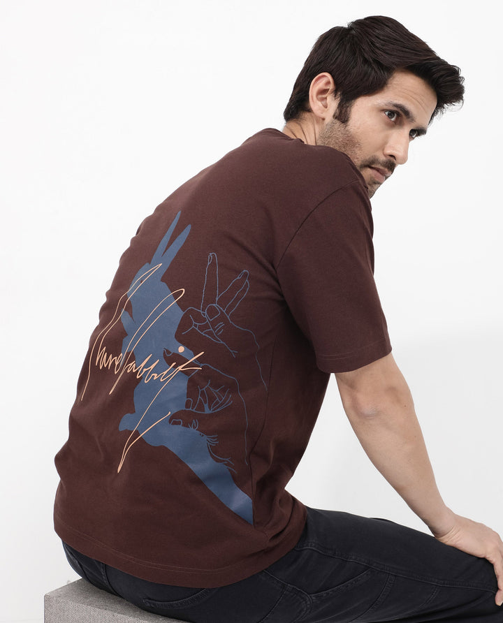 Rare Rabbit Articale Mens Nash Brown Cotton Polyester Fabric Short Sleeve Crew Neck Boxy Fit Printed T-Shirt