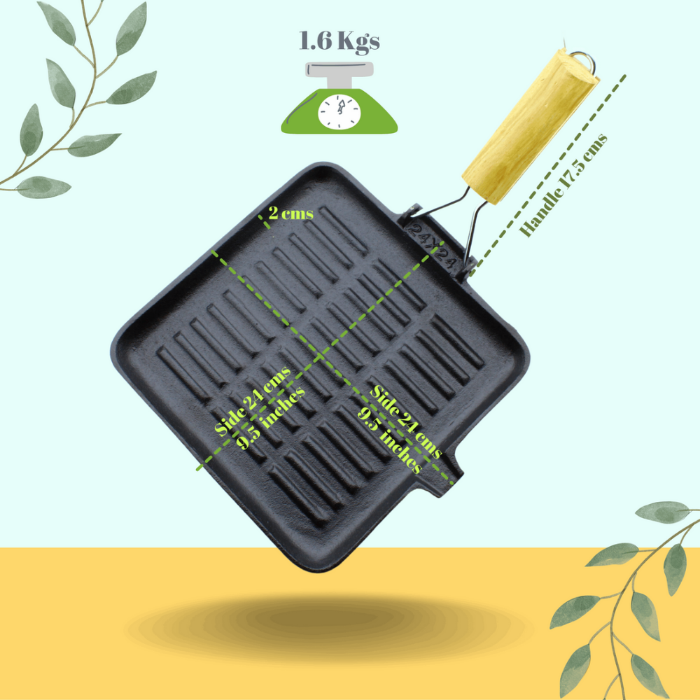 Trilonium Pre-Seasoned Cast Iron Square Grill Pan with Foldable Handle | Gas & Induction Compatible | Black