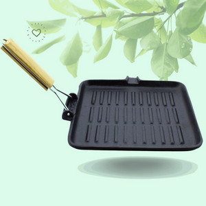 Trilonium Pre-Seasoned Cast Iron Square Grill Pan with Foldable Handle | Gas & Induction Compatible | Black