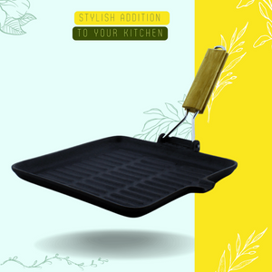 Trilonium Pre-Seasoned Cast Iron Square Grill Pan with Foldable Handle | Gas & Induction Compatible | Black