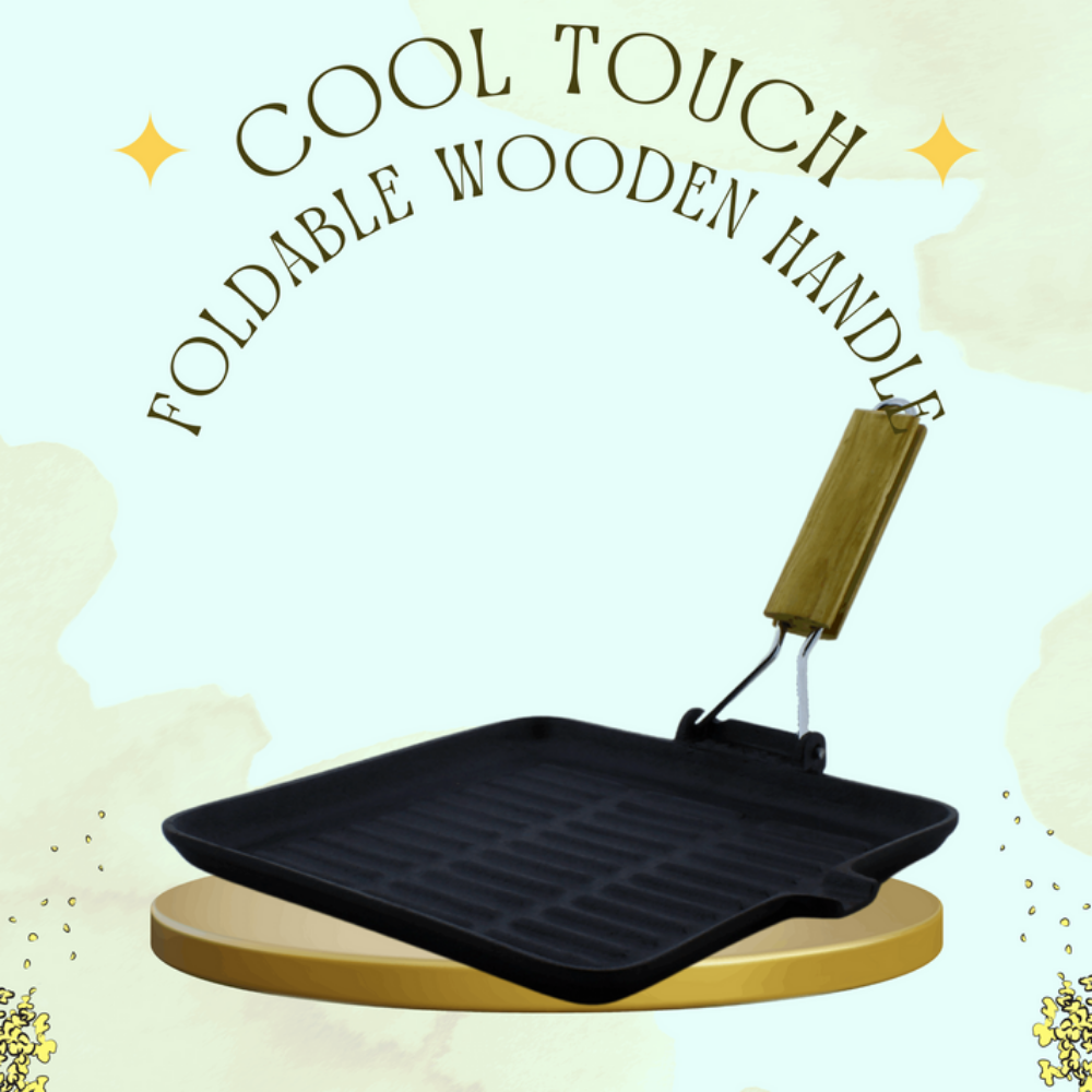 Trilonium Pre-Seasoned Cast Iron Square Grill Pan with Foldable Handle | Gas & Induction Compatible | Black