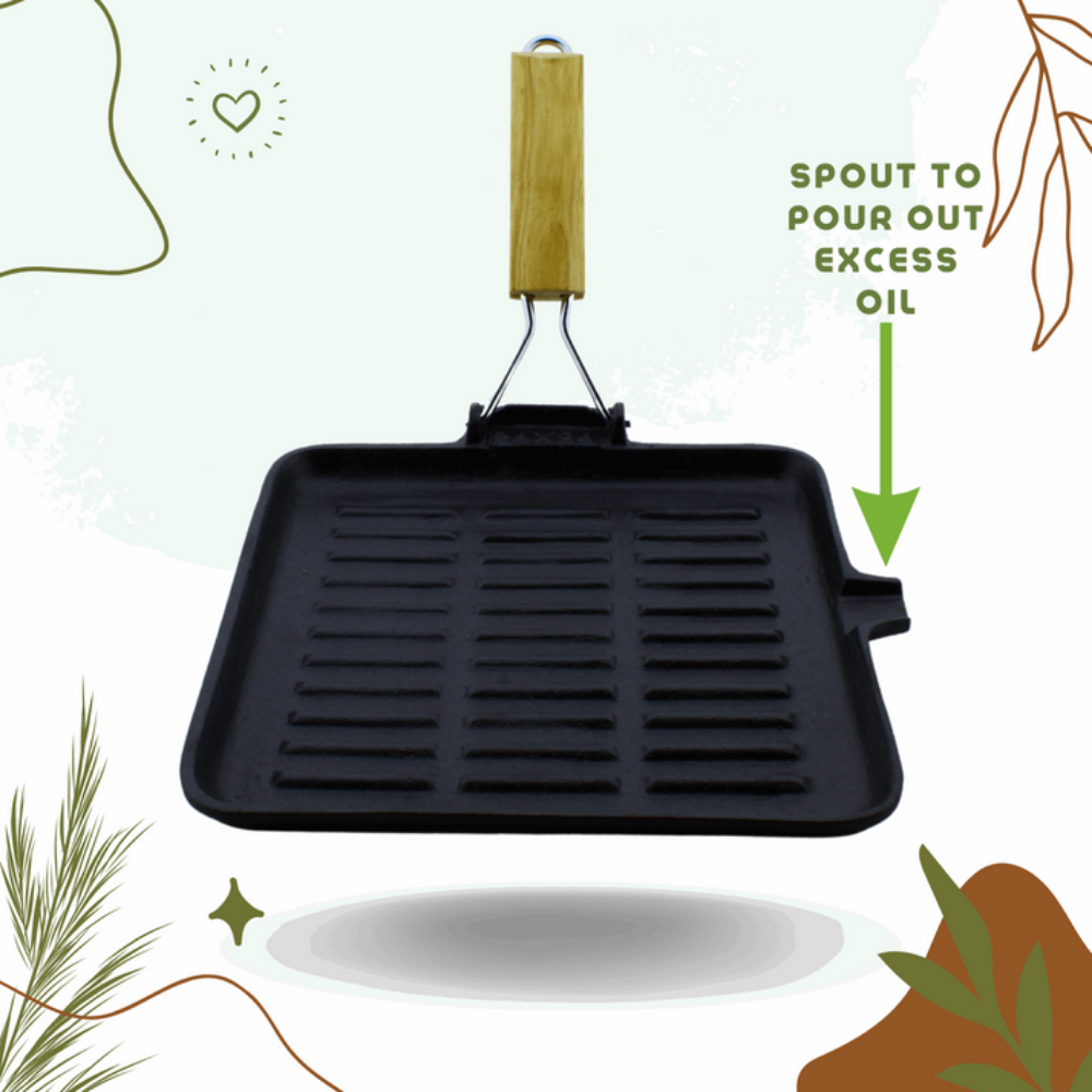 Trilonium Pre-Seasoned Cast Iron Square Grill Pan with Foldable Handle | Gas & Induction Compatible | Black