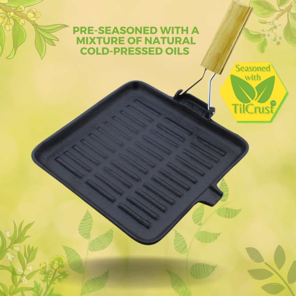 Trilonium Pre-Seasoned Cast Iron Square Grill Pan with Foldable Handle | Gas & Induction Compatible | Black