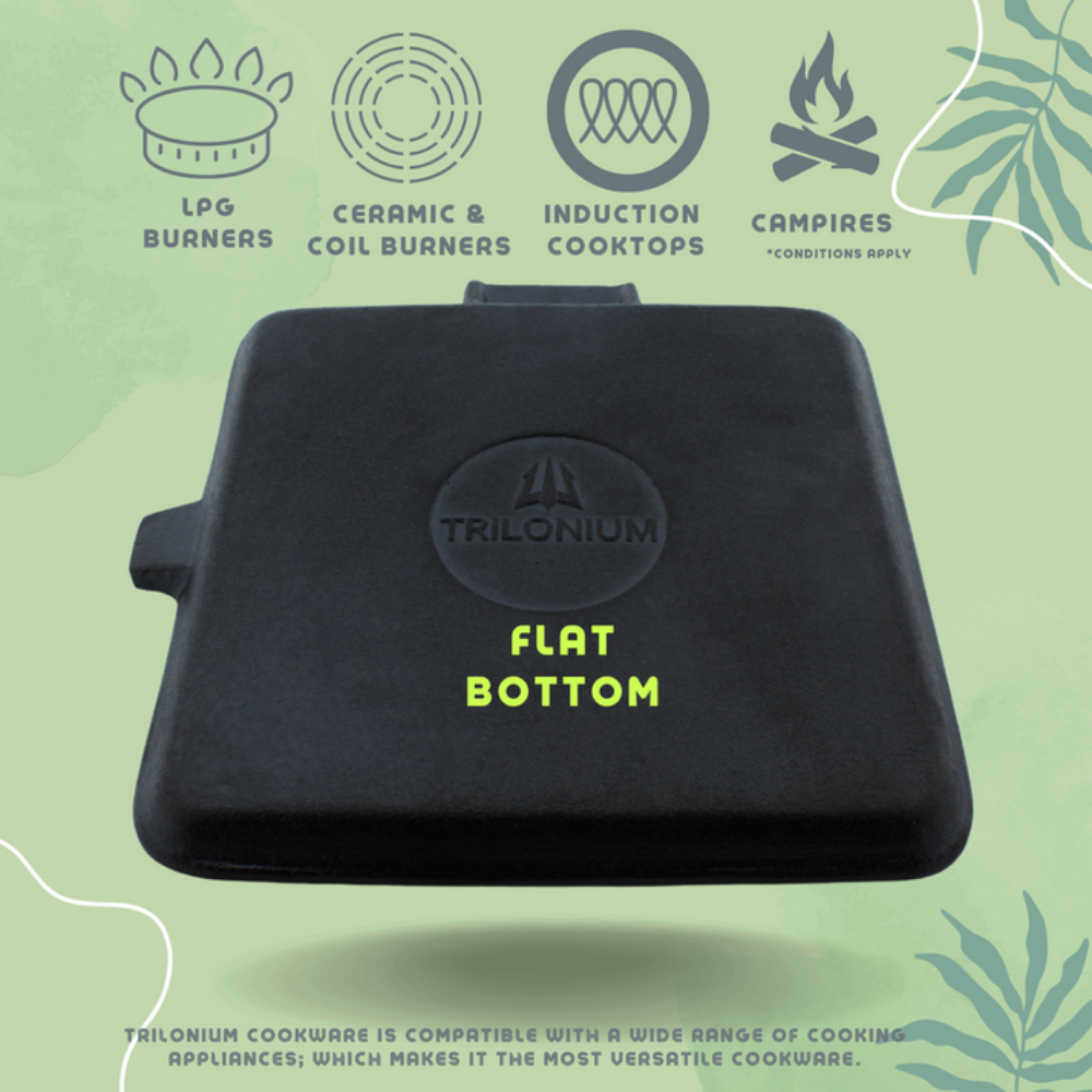 Trilonium Pre-Seasoned Cast Iron Square Grill Pan with Foldable Handle | Gas & Induction Compatible | Black