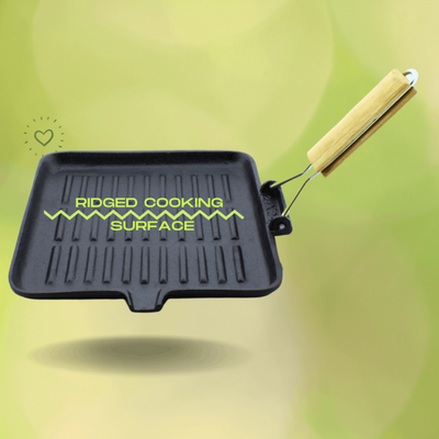 Trilonium Pre-Seasoned Cast Iron Square Grill Pan with Foldable Handle | Gas & Induction Compatible | Black
