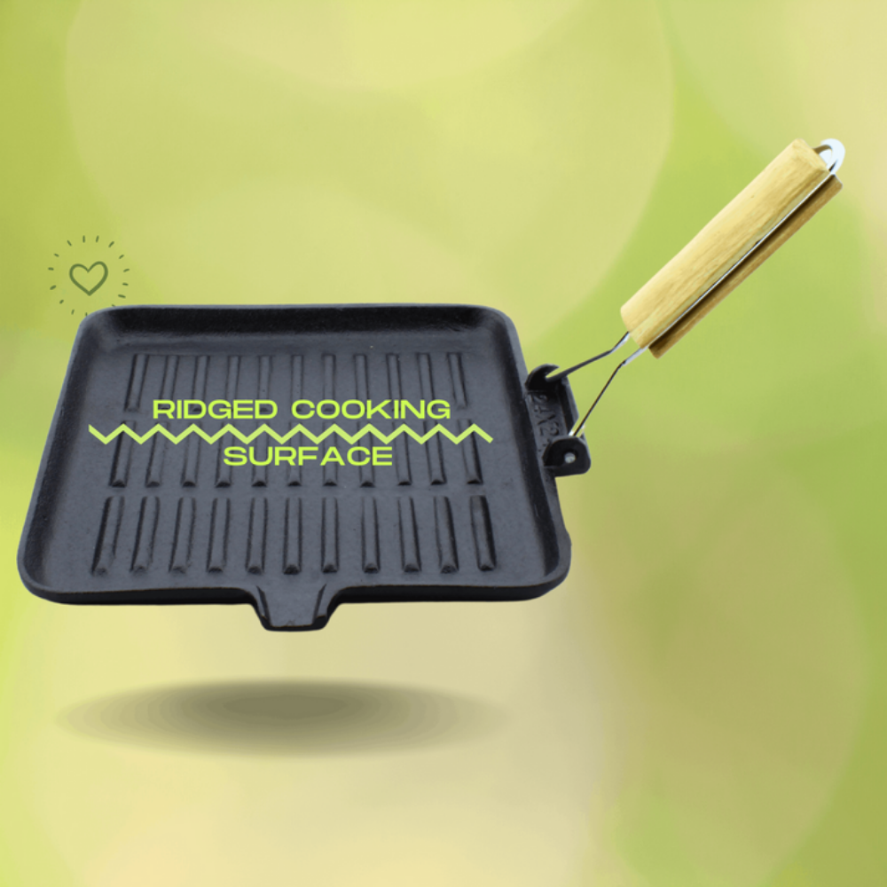 Trilonium Pre-Seasoned Cast Iron Square Grill Pan with Foldable Handle | Gas & Induction Compatible | Black