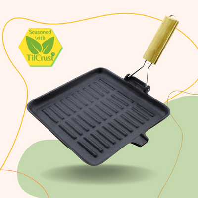 Trilonium Pre-Seasoned Cast Iron Square Grill Pan with Foldable Handle | Gas & Induction Compatible | Black