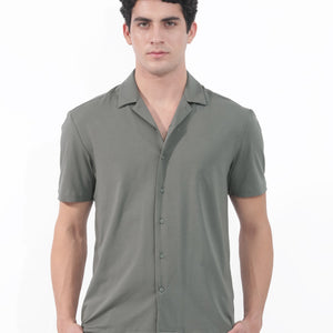 Rare Rabbit Men's Nick Dark Green Cotton Lycra Fabric Cuban Collar Half Sleeves Solid Shirt