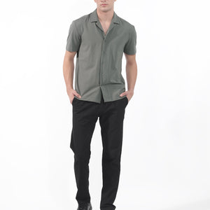 Rare Rabbit Men's Nick Dark Green Cotton Lycra Fabric Cuban Collar Half Sleeves Solid Shirt