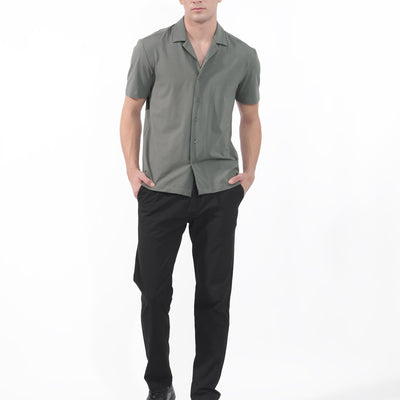 Rare Rabbit Men's Nick Dark Green Cotton Lycra Fabric Cuban Collar Half Sleeves Solid Shirt