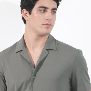 Rare Rabbit Men's Nick Dark Green Cotton Lycra Fabric Cuban Collar Half Sleeves Solid Shirt
