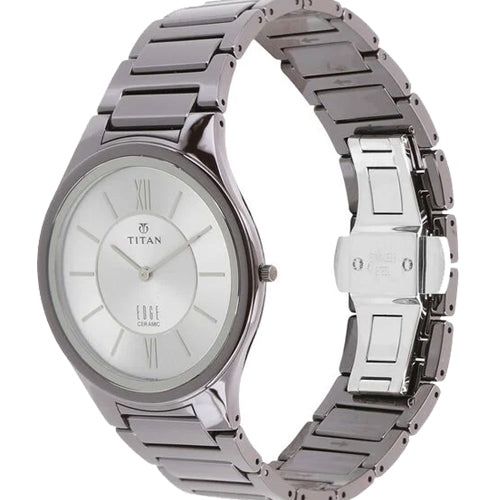 Titan Edge Ceramic Quartz Analog Silver Dial Grey Ceramic Strap Watch For Men 40.5mm NP1696QC02