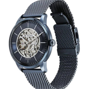 Titan Skeletal Automatic Blue Dial Blue Stainless Steel Strap Watch for Men 44mm NR90110QM01
