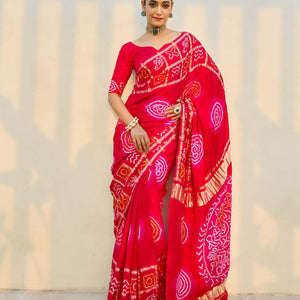 Moonlit Harmony Red Silk Bandhani Saree