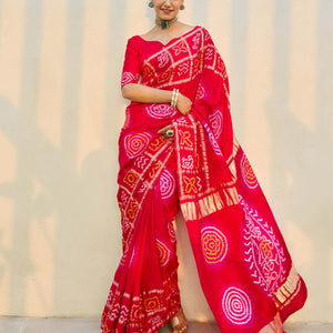 Moonlit Harmony Red Silk Bandhani Saree