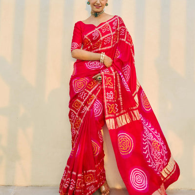 Moonlit Harmony Red Silk Bandhani Saree