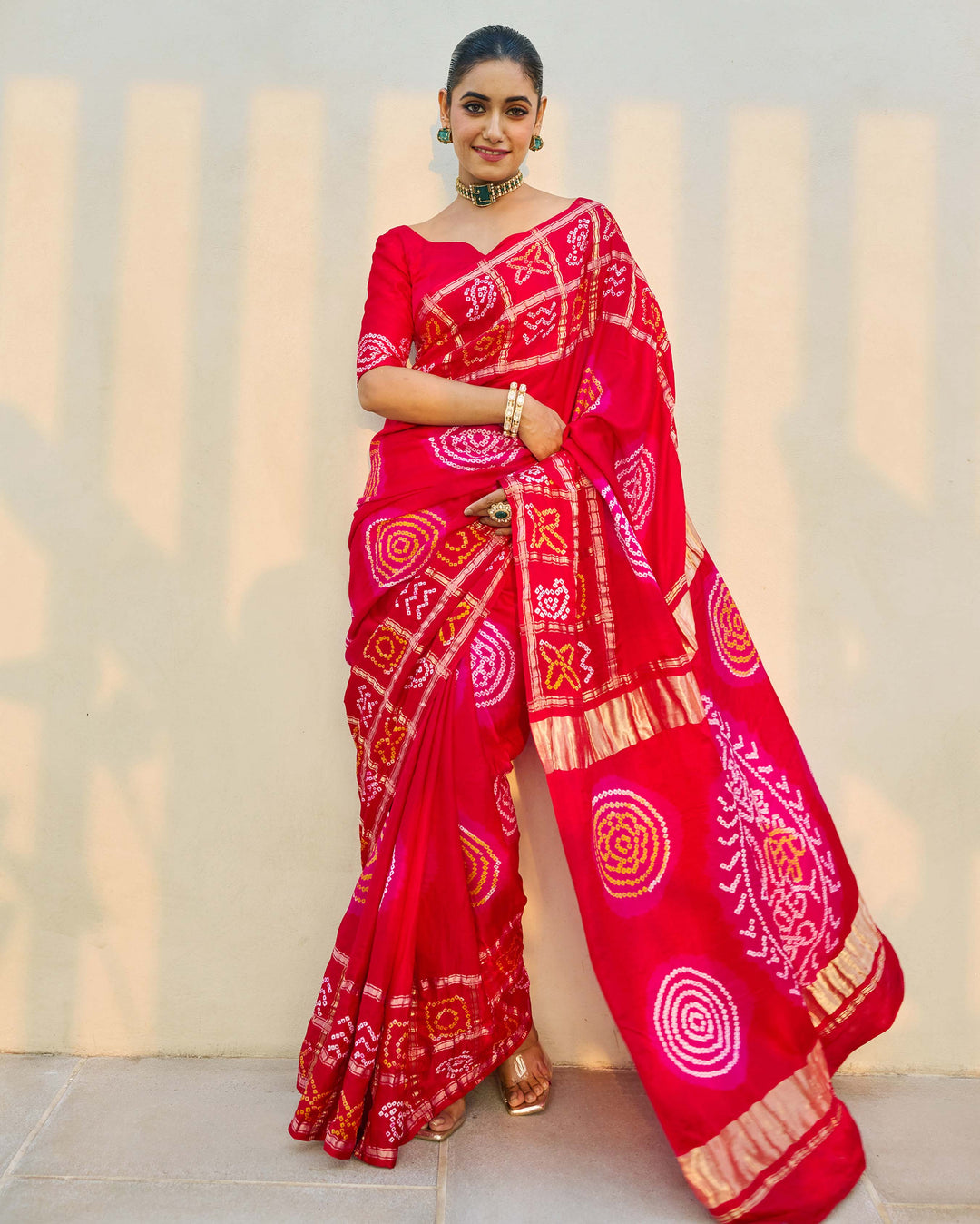 Moonlit Harmony Red Silk Bandhani Saree