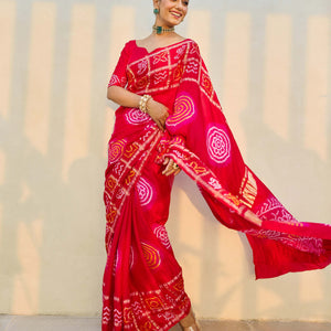 Moonlit Harmony Red Silk Bandhani Saree