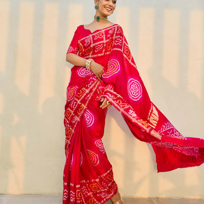 Moonlit Harmony Red Silk Bandhani Saree