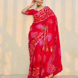 Moonlit Harmony Red Silk Bandhani Saree
