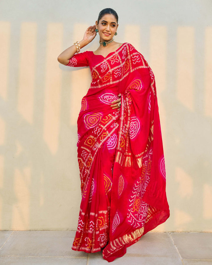 Moonlit Harmony Red Silk Bandhani Saree