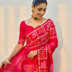 Moonlit Harmony Red Silk Bandhani Saree