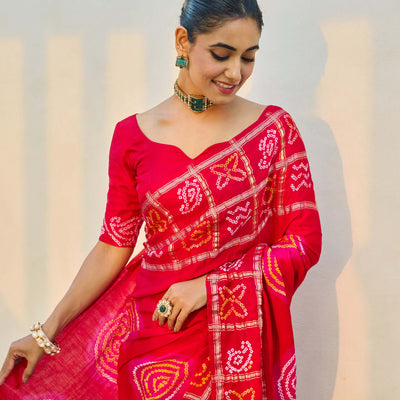 Moonlit Harmony Red Silk Bandhani Saree