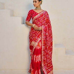 Dazzling Red Silk Bandhani Saree