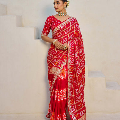 Dazzling Red Silk Bandhani Saree